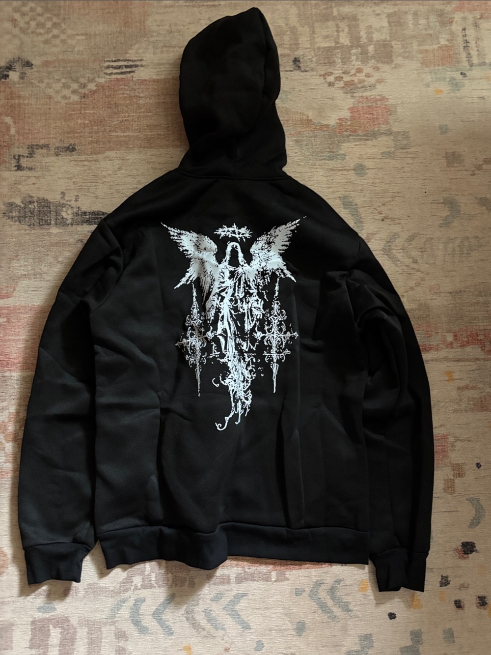 Black Graphic Angel Back Hoodie Sweatshirt - Men
